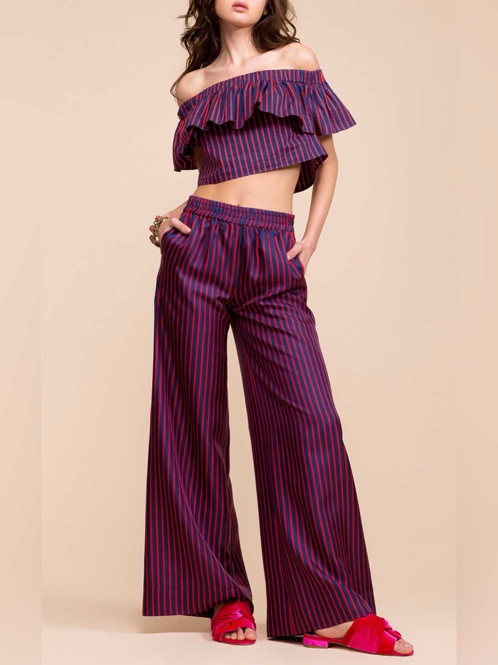 LA DoubleJ Double Love striped off the shoulder silk crop top in Riviera size M